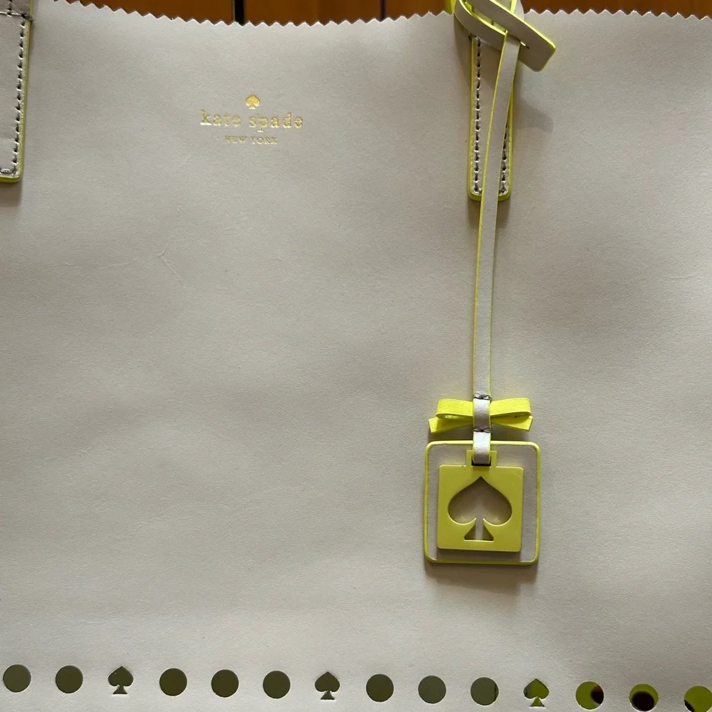 NWOT Kate Spade Large Cream & Neon Yellow Perforated Leather Tote +cloth dustbag - Picture 7 of 9